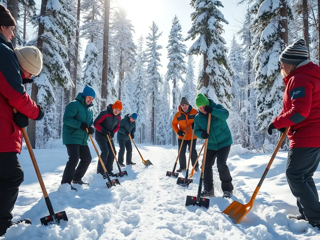 A group of volunteers working together to maintain a cross-country ski trail, clearing snow and ensuring a smooth path for skiers. The image highlights the community involvement and dedication to preserving the natural environment.