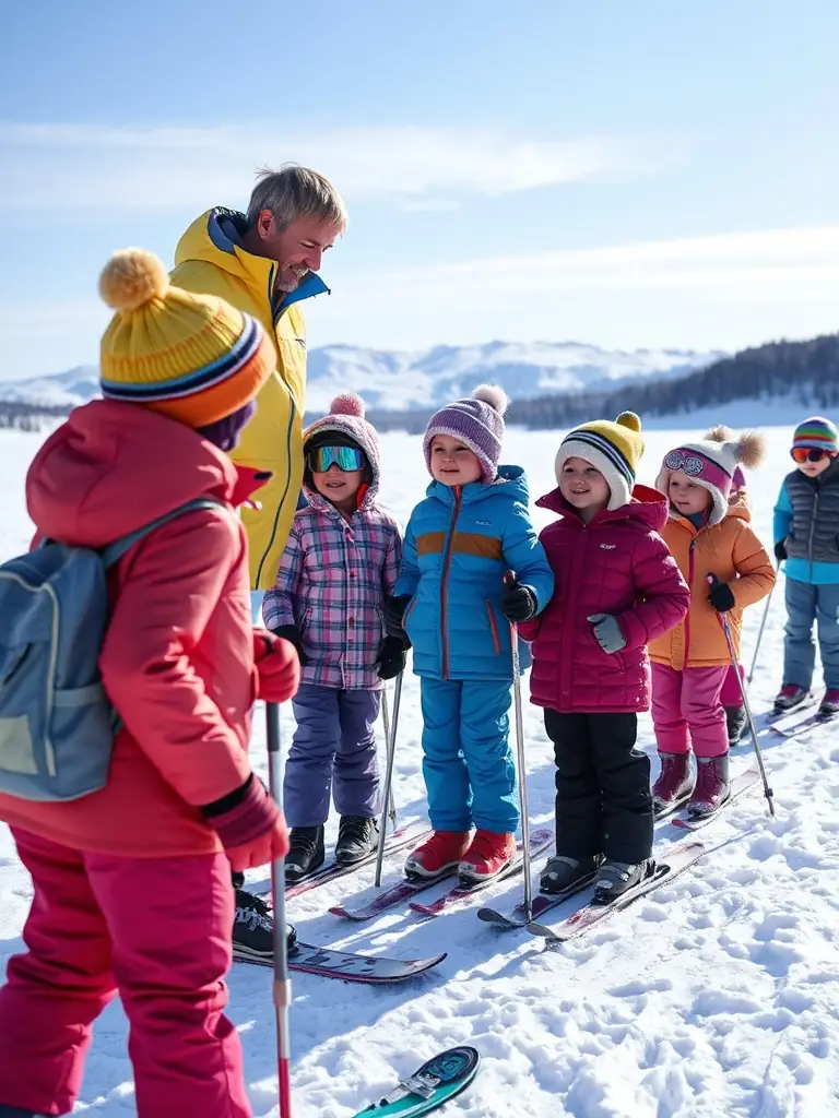 A group of children learning cross-country skiing techniques in a snowy field, guided by an instructor, showcasing the Nordic Ski Initiation Programs offered by ASS SPORT NATURE PAYS DE SAINT-FLOUR.