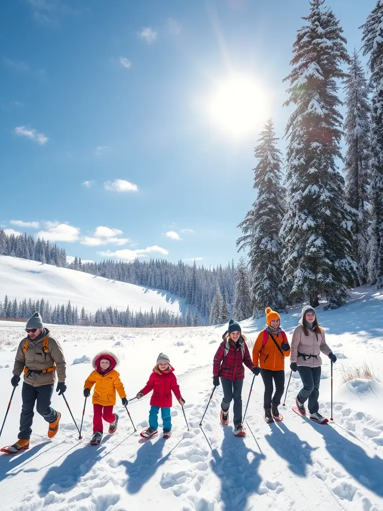 A photograph of participants of all ages enjoying a snowshoeing excursion through a scenic winter landscape, emphasizing the inclusivity of ASS SPORT NATURE PAYS DE SAINT-FLOUR's activities.