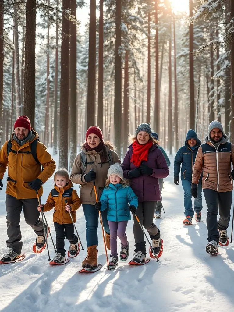 A diverse group of people participating in a guided snowshoeing tour through a scenic winter landscape, emphasizing inclusivity and appreciation for nature.