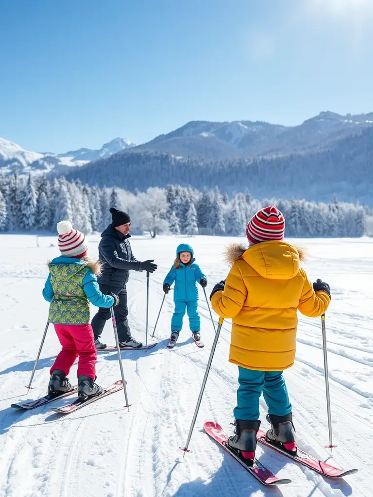 A group of children learning cross-country skiing techniques in a snowy field, guided by an instructor. The scene emphasizes the joy and accessibility of the sport for young participants.