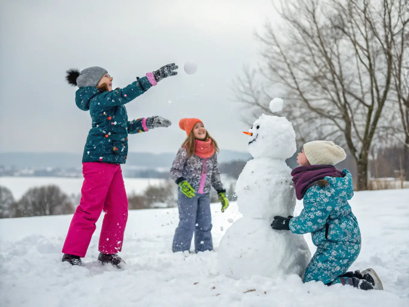 A group of children learning the basics of cross-country skiing in a snowy field, with instructors providing guidance and encouragement. The scene captures the joy and excitement of learning a new sport in a natural environment.