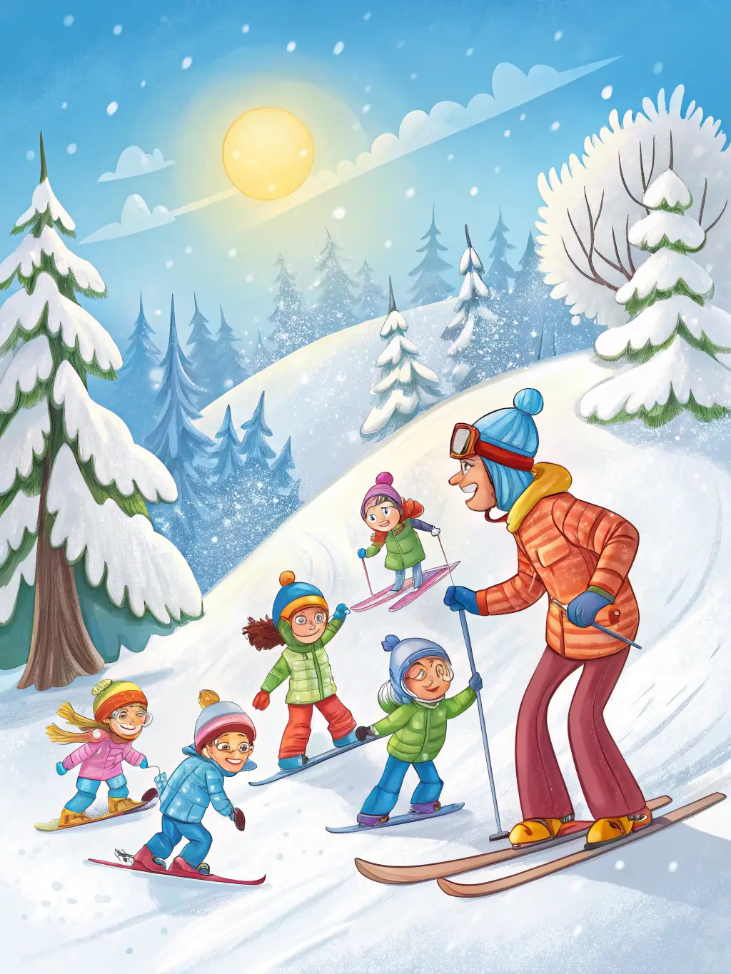 A group of children and adults learning to ski on a snowy trail surrounded by scenic nature, with instructors guiding them.