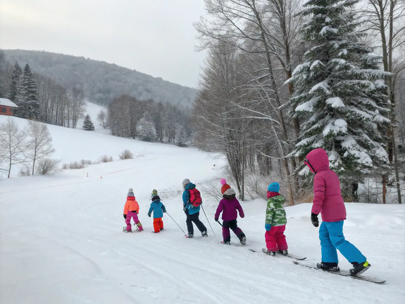 A group of young people learning to ski, emphasizing the educational aspect of ASS SPORT NATURE PAYS DE SAINT-FLOUR.