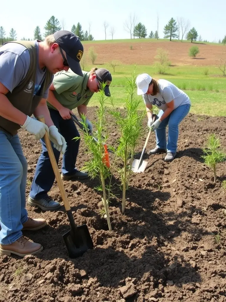 Volunteers planting trees in a deforested area, focusing on teamwork and environmental restoration. The image highlights the organization's commitment to ecological preservation.
