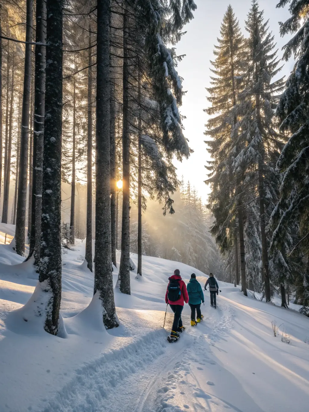 A scenic image of a group snowshoeing through a forest, highlighting the beauty of the natural landscape and the accessibility of the activity.